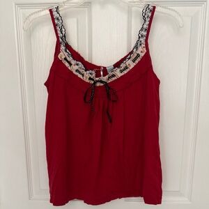 Anthropologie Ric Rac Red Trapeze Top w/ Contrast Floral and Eyelet Trim S EUC